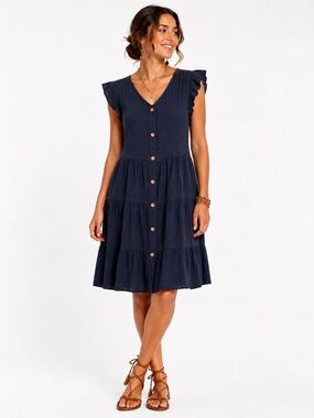 PatPat Tiered Midi Dress Navy XL Button Front Ruffle Sleeve Cottagecore Prairie